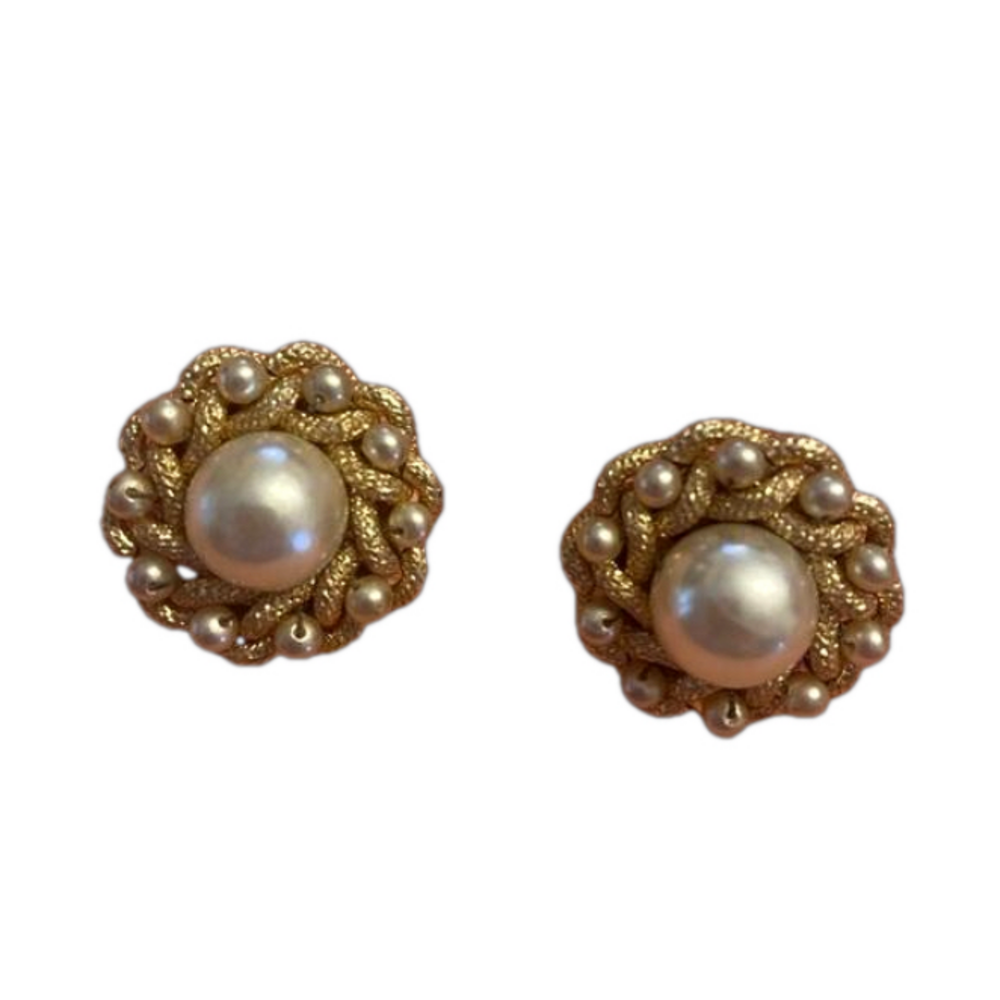 Vintage Faux Pearl & Braided Gold Clip-On Earrings